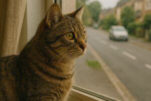 Gato observa pela janela